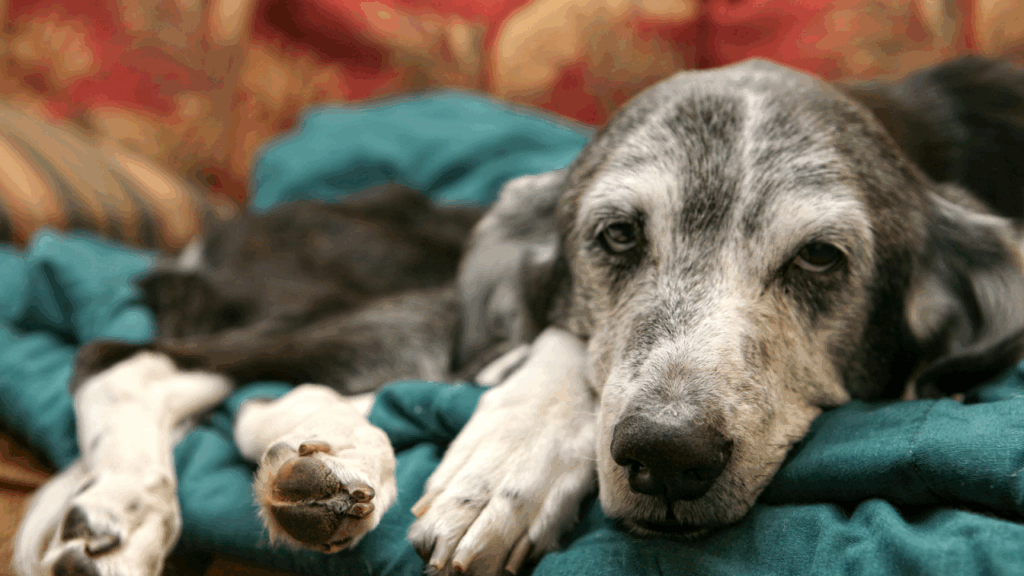 Old gray dog with soulful eyes resting on a teal blanket.