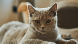 Close-up of a serene gray cat with striking golden eyes.