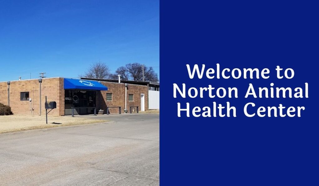 Exterior of Norton Animal Health Center with blue awning.