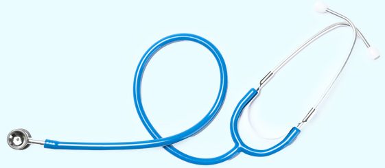 Blue stethoscope on a light blue background.