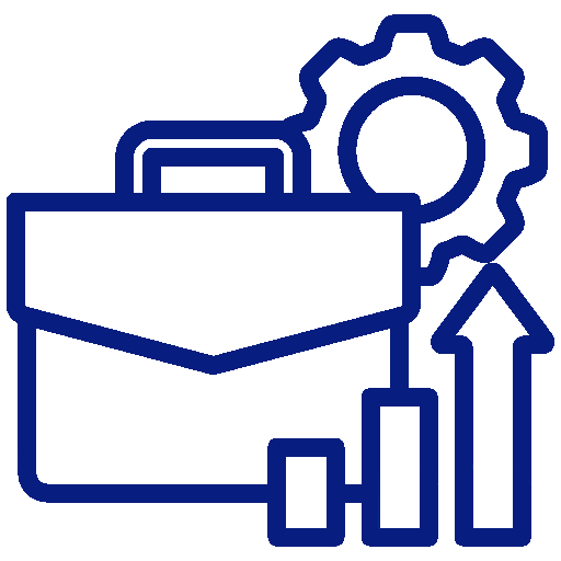 Icon depicting a briefcase with a gear, mail envelope, and growth charts.